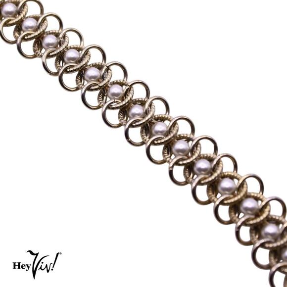 Vintage Chain Bracelet Interwoven w Pearl Beads Elegant Style 7" Long - Hey Viv - Picture 2 of 5